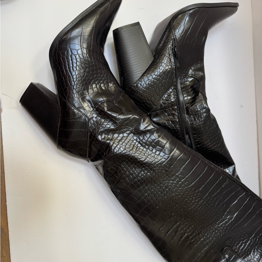 Nasty Gal Black Croc-Embossed Over the Knee Boots